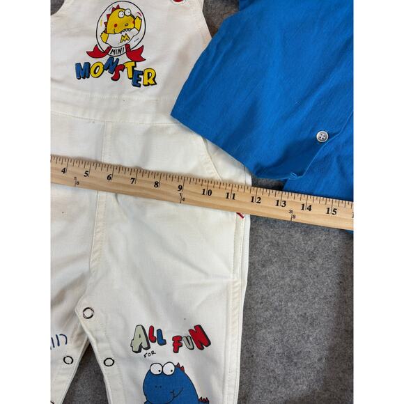 VINTAGE 90s Offspring Mini Monster Overalls Shirt Set Toddler 18M White Blue NWT - Picture 2 of 8